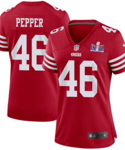Taybor Pepper 46 San Francisco 49ers Super Bowl LVIII Patch Game Women Jersey - Scarlet JS5586 nicesnker