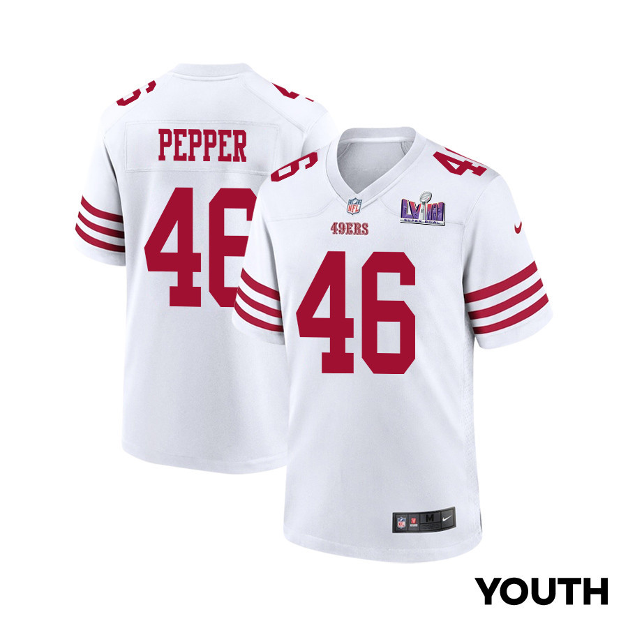 Taybor Pepper 46 San Francisco 49ers Super Bowl LVIII Patch Game YOUTH Jersey - White JS4405 nicesnker