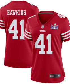 Tayler Hawkins 41 San Francisco 49ers Super Bowl LVIII Patch Game Women Jersey - Scarlet JS6906 nicesnker