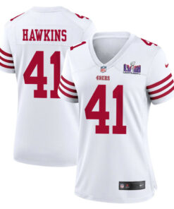 Tayler Hawkins 41 San Francisco 49ers Super Bowl LVIII Patch Game Women Jersey - White JS1817 nicesnker