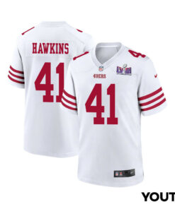 Tayler Hawkins 41 San Francisco 49ers Super Bowl LVIII Patch Game YOUTH Jersey - White JS6711 nicesnker