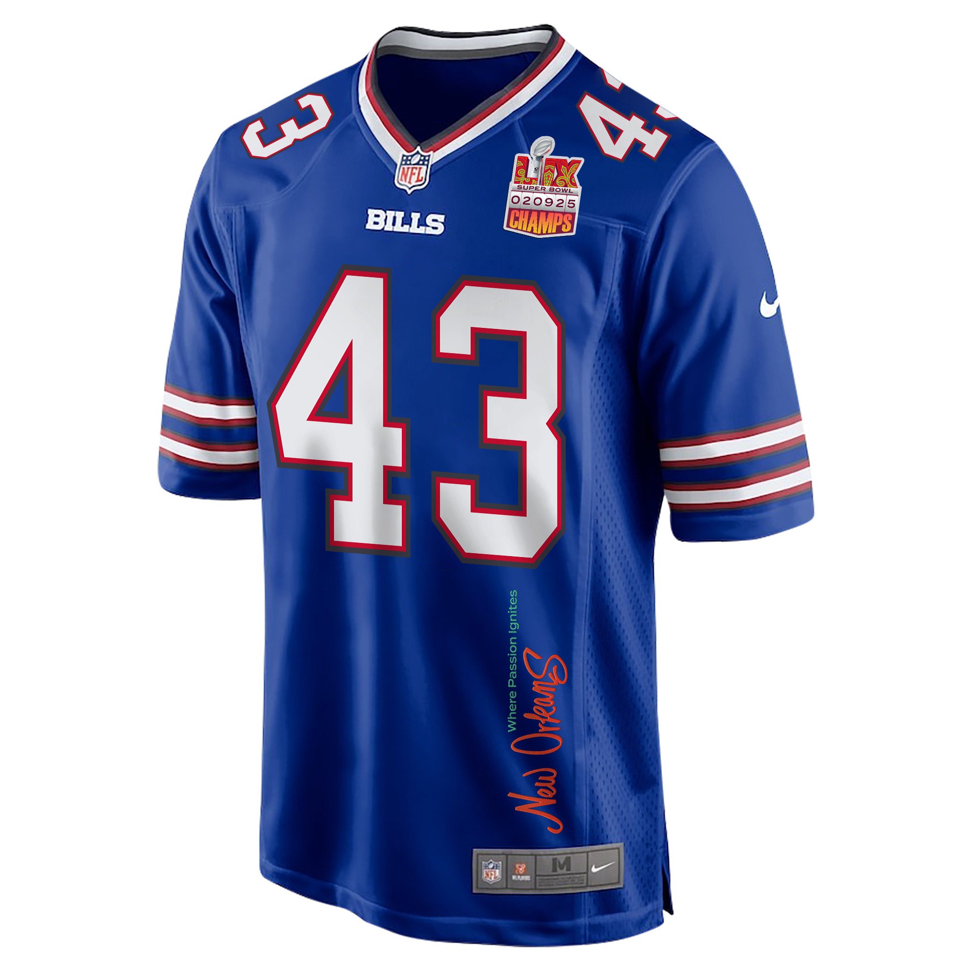 Terrel Bernard 43 Buffalo Bills Super Bowl LIX Champions Patch 'New Orleans - Where Passion Ignites' EMBROIDERED Game Men Jersey - Royal JS5029 nicesnker - Image 3
