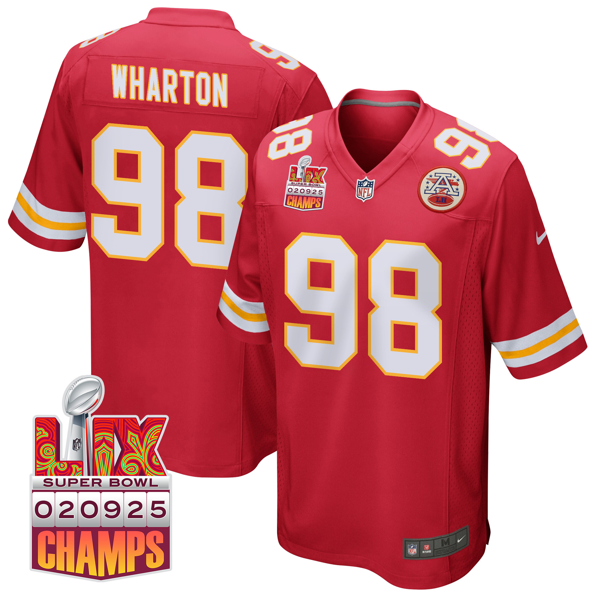 Tershawn Wharton 98 Kansas City Chiefs Super Bowl LIX Champions Patch Game Men Jersey - Red JS7001 nicesnker