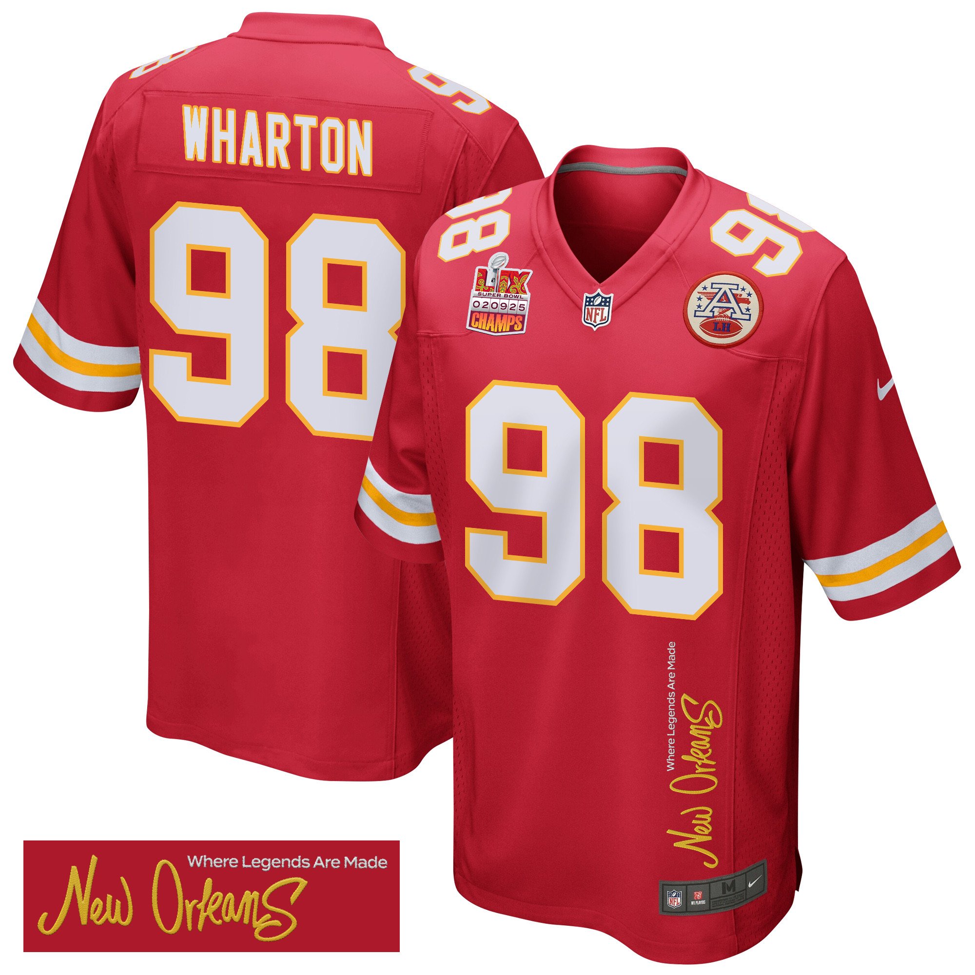 Tershawn Wharton 98 Kansas City Chiefs Super Bowl LIX Champions Patch 'New Orleans - Where Legends Are Made' EMBROIDERED Game Men Jersey - Red JS7648 nicesnker