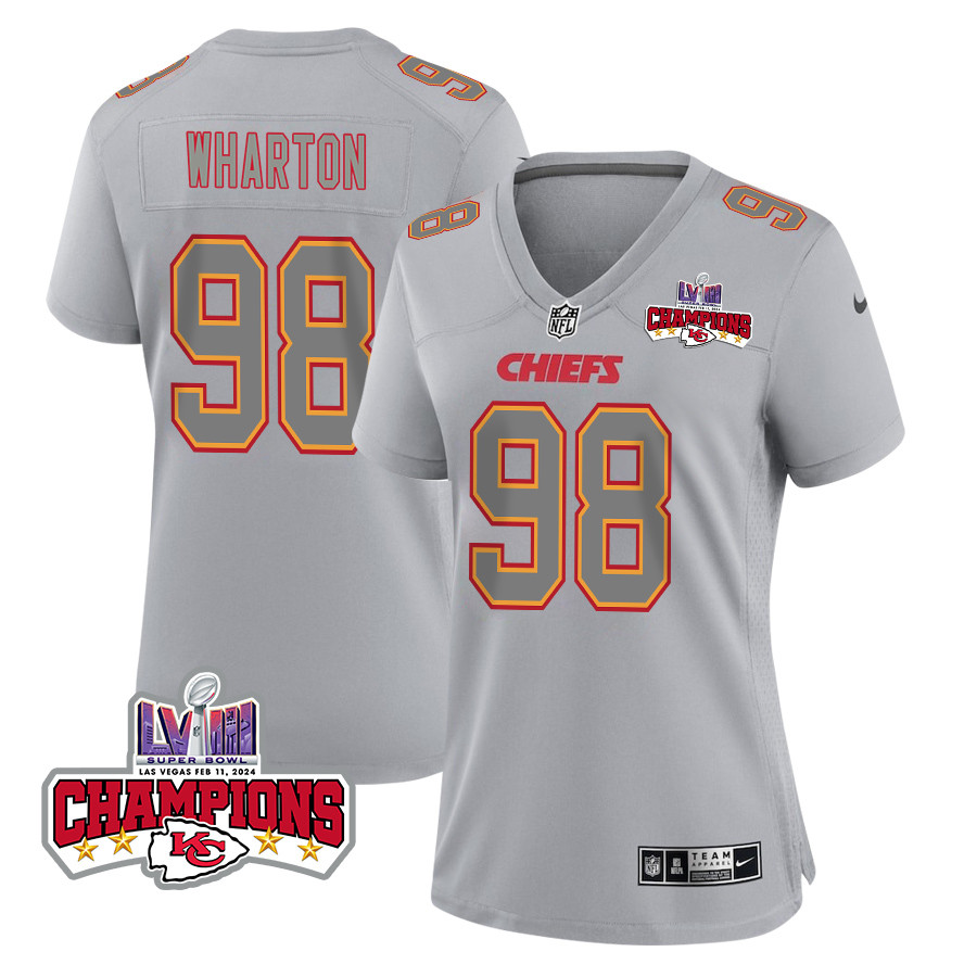 Tershawn Wharton 98 Kansas City Chiefs Super Bowl LVIII Champions 4 Stars Patch Atmosphere Fashion Game Women Jersey - Gray JS7639 nicesnker