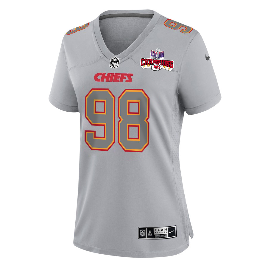 Tershawn Wharton 98 Kansas City Chiefs Super Bowl LVIII Champions 4 Stars Patch Atmosphere Fashion Game Women Jersey - Gray JS7639 nicesnker - Image 2