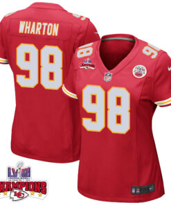 Tershawn Wharton 98 Kansas City Chiefs Super Bowl LVIII Champions 4 Stars Patch Game Women Jersey - Red JS9240 nicesnker