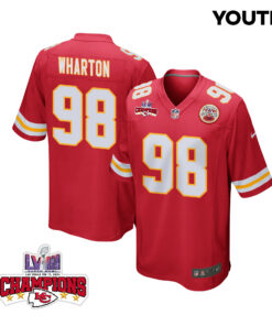 Tershawn Wharton 98 Kansas City Chiefs Super Bowl LVIII Champions 4 Stars Patch Game YOUTH Jersey - Red JS5977 nicesnker