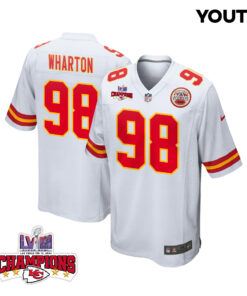 Tershawn Wharton 98 Kansas City Chiefs Super Bowl LVIII Champions 4 Stars Patch Game YOUTH Jersey - White JS5676 nicesnker