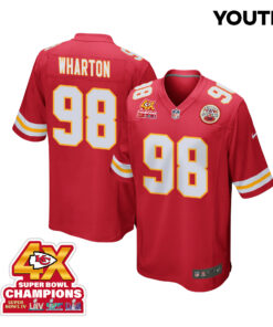 Tershawn Wharton 98 Kansas City Chiefs Super Bowl LVIII Champions 4X Game YOUTH Jersey - Red JS6071 nicesnker
