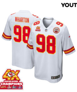 Tershawn Wharton 98 Kansas City Chiefs Super Bowl LVIII Champions 4X Game YOUTH Jersey - White JS4309 nicesnker