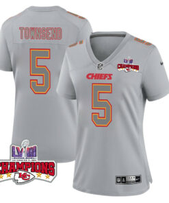 Tommy Townsend 5 Kansas City Chiefs Super Bowl LVIII Champions 4 Stars Patch Atmosphere Fashion Game Women Jersey - Gray JS6236 nicesnker