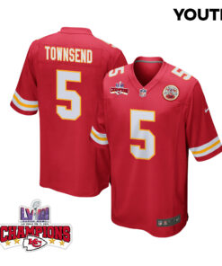Tommy Townsend 5 Kansas City Chiefs Super Bowl LVIII Champions 4 Stars Patch Game YOUTH Jersey - Red JS8632 nicesnker