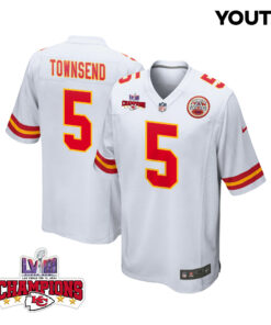 Tommy Townsend 5 Kansas City Chiefs Super Bowl LVIII Champions 4 Stars Patch Game YOUTH Jersey - White JS2708 nicesnker