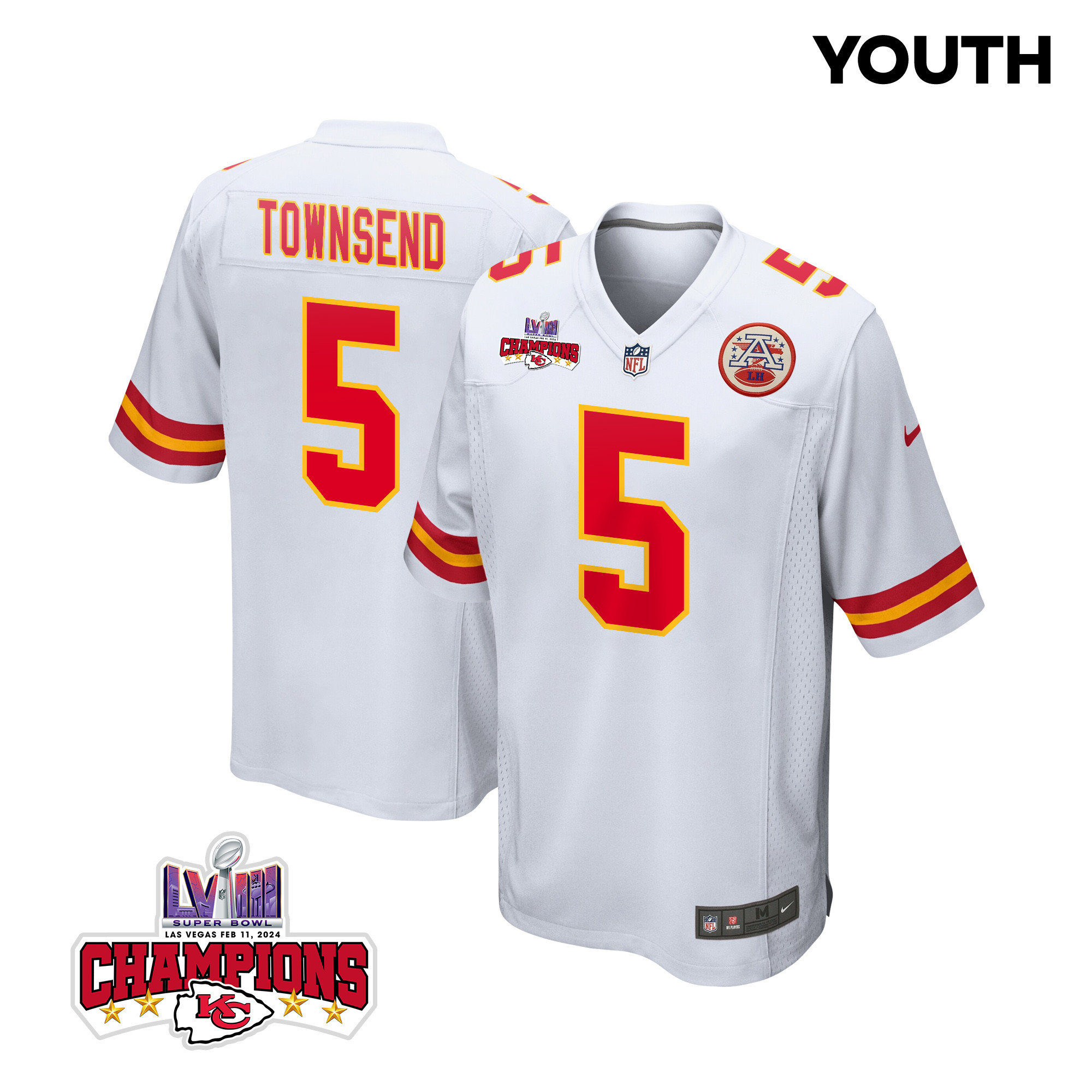 Tommy Townsend 5 Kansas City Chiefs Super Bowl LVIII Champions 4 Stars Patch Game YOUTH Jersey - White JS2708 nicesnker