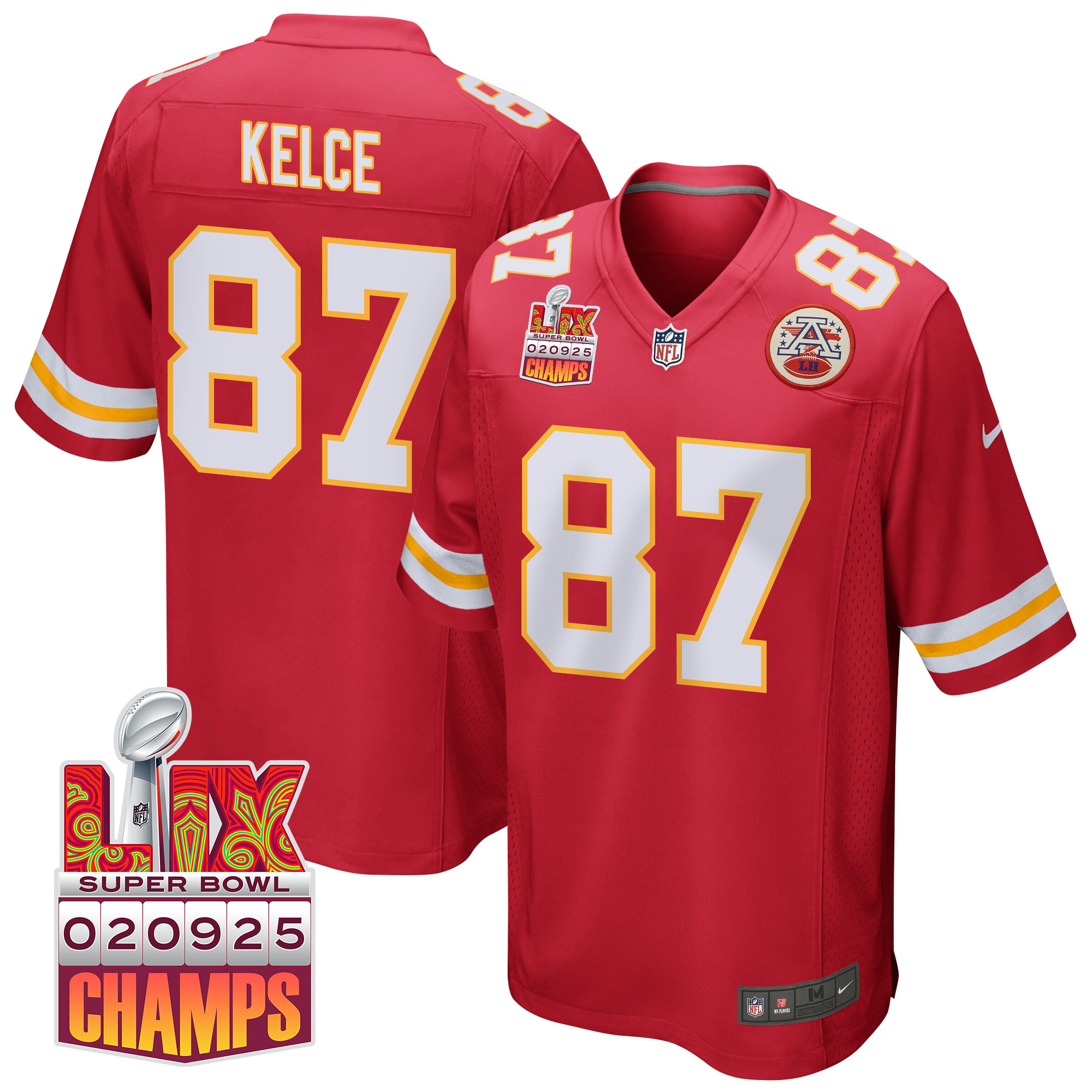 Travis Kelce 87 Kansas City Chiefs Super Bowl LIX Champions Patch Game Men Jersey - Red JS8426 nicesnker