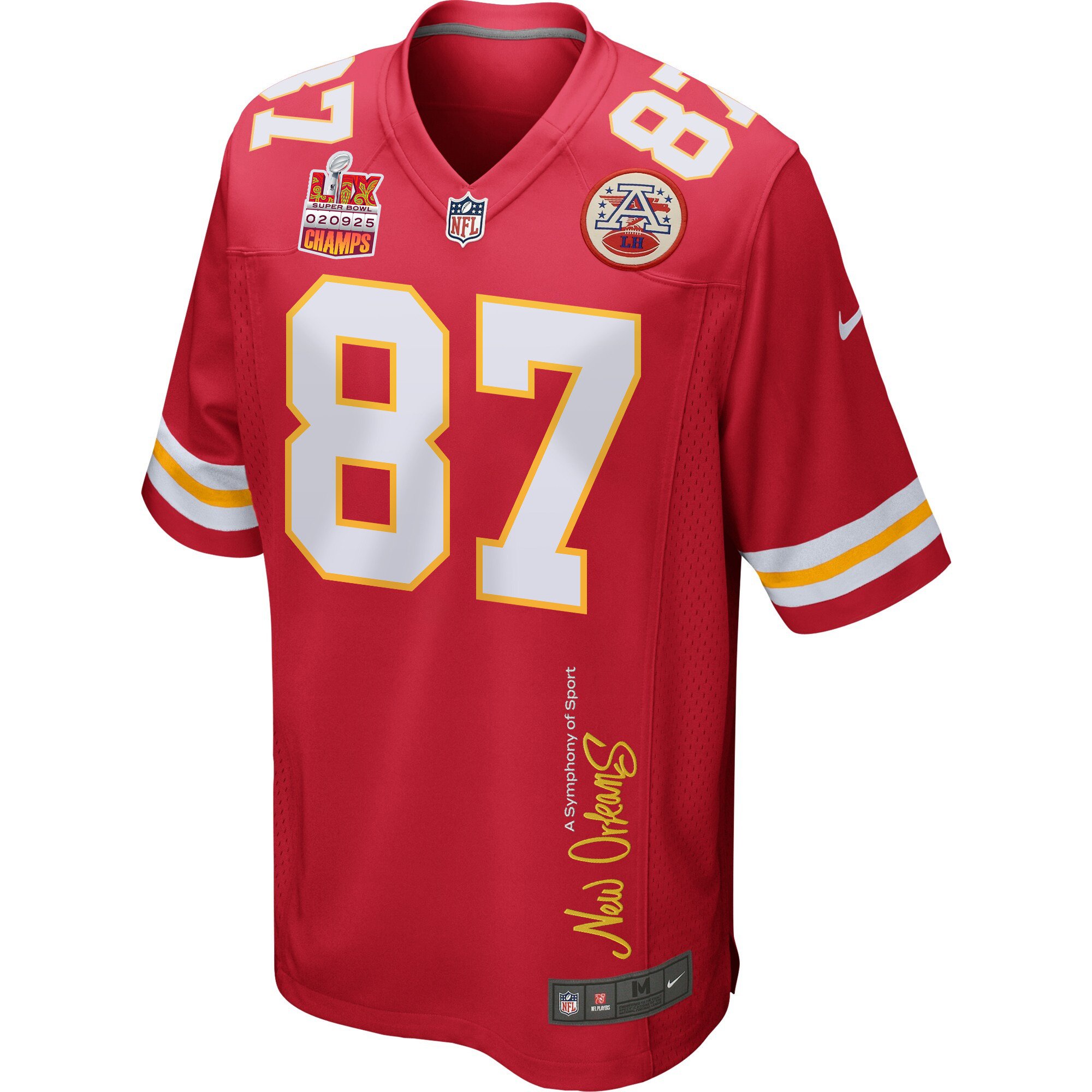 Travis Kelce 87 Kansas City Chiefs Super Bowl LIX Champions Patch 'New Orleans - A Symphony of Sport' EMBROIDERED Game Men Jersey - Red JS3613 nicesnker - Image 3