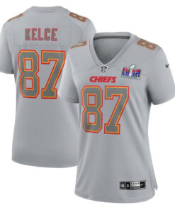 Travis Kelce 87 Kansas City Chiefs Super Bowl LVIII Atmosphere Fashion Game Women Jersey - Gray JS4126 nicesnker