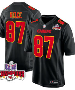 Travis Kelce 87 Kansas City Chiefs Super Bowl LVIII Champions 4 Stars Patch Fashion Game Men Jersey - Carbon Black JS8231 nicesnker