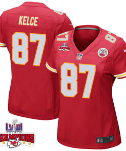 Travis Kelce 87 Kansas City Chiefs Super Bowl LVIII Champions 4 Stars Patch Game Women Jersey - Red JS4012 nicesnker
