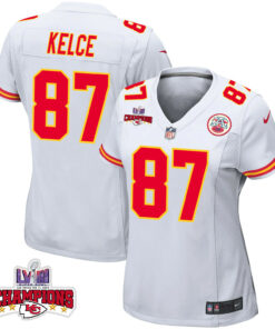 Travis Kelce 87 Kansas City Chiefs Super Bowl LVIII Champions 4 Stars Patch Game Women Jersey - White JS2134 nicesnker