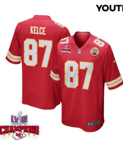 Travis Kelce 87 Kansas City Chiefs Super Bowl LVIII Champions 4 Stars Patch Game YOUTH Jersey - Red JS8378 nicesnker