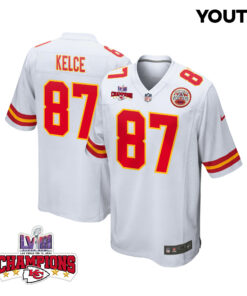 Travis Kelce 87 Kansas City Chiefs Super Bowl LVIII Champions 4 Stars Patch Game YOUTH Jersey - White JS6773 nicesnker