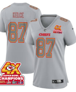 Travis Kelce 87 Kansas City Chiefs Super Bowl LVIII Champions 4X Atmosphere Fashion Game Women Jersey - Gray JS4234 nicesnker