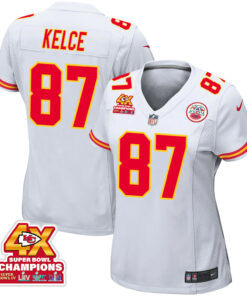 Travis Kelce 87 Kansas City Chiefs Super Bowl LVIII Champions 4X Game Women Jersey - White JS7862 nicesnker