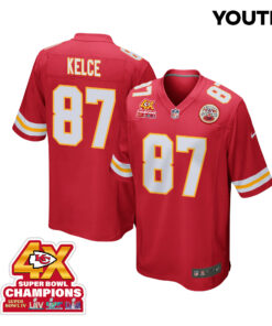 Travis Kelce 87 Kansas City Chiefs Super Bowl LVIII Champions 4X Game YOUTH Jersey - Red JS9974 nicesnker