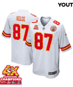 Travis Kelce 87 Kansas City Chiefs Super Bowl LVIII Champions 4X Game YOUTH Jersey - White JS5062 nicesnker