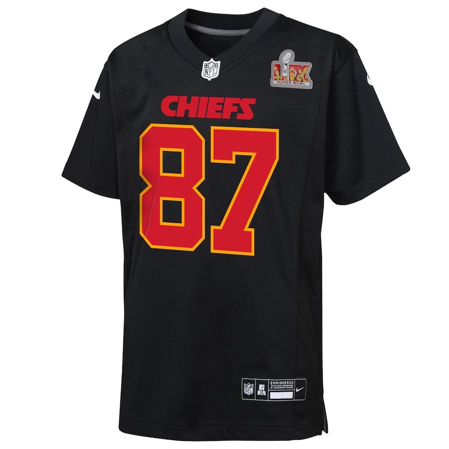 Travis Kelce 87 Kansas City Chiefs Youth Super Bowl LIX Patch Fashion Game Jersey - Carbon Black JS1847 nicesnker - Image 2