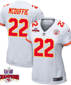 Trent McDuffie 22 Kansas City Chiefs Super Bowl LVIII Champions 4 Stars Patch Game Women Jersey - White JS9185 nicesnker