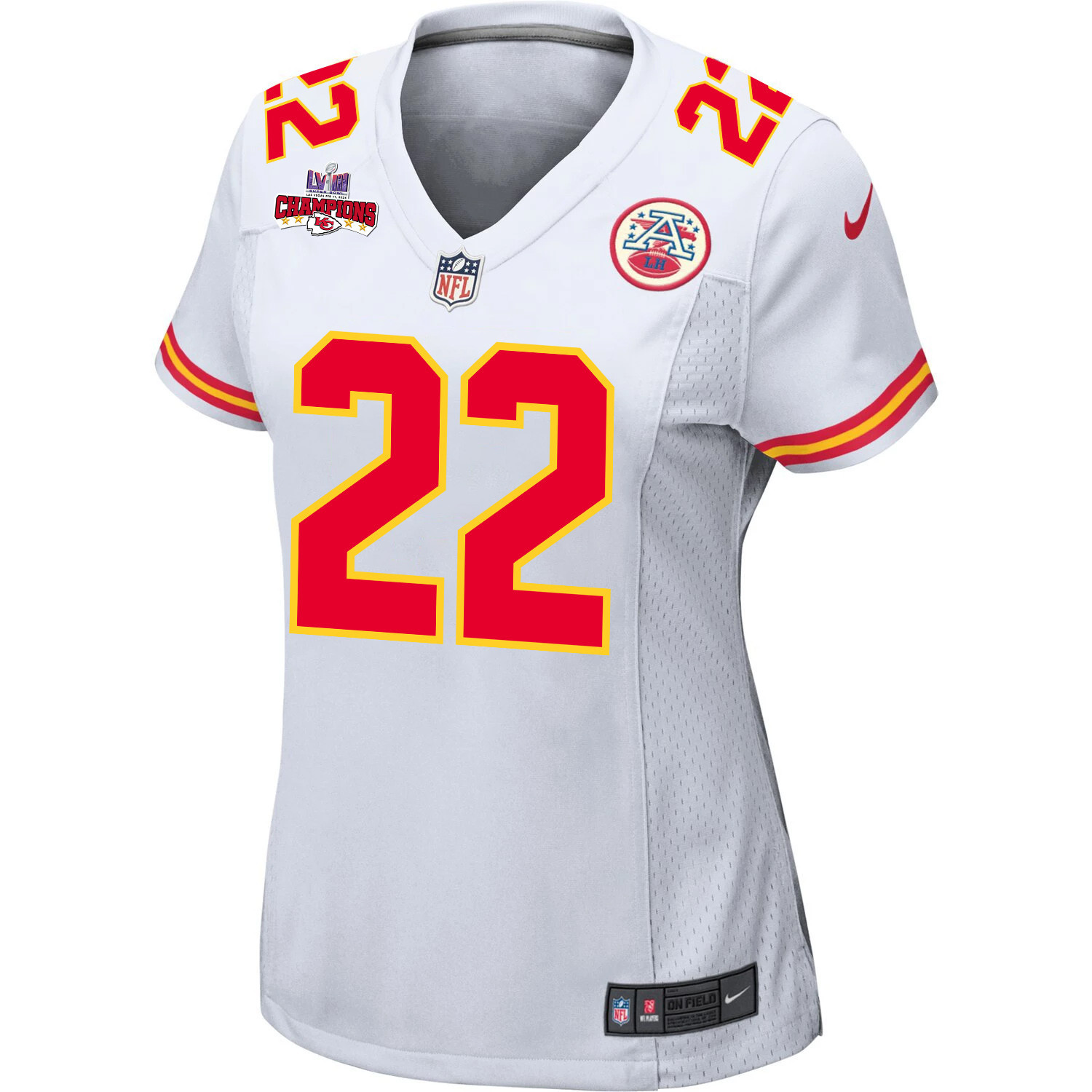 Trent McDuffie 22 Kansas City Chiefs Super Bowl LVIII Champions 4 Stars Patch Game Women Jersey - White JS9185 nicesnker - Image 2