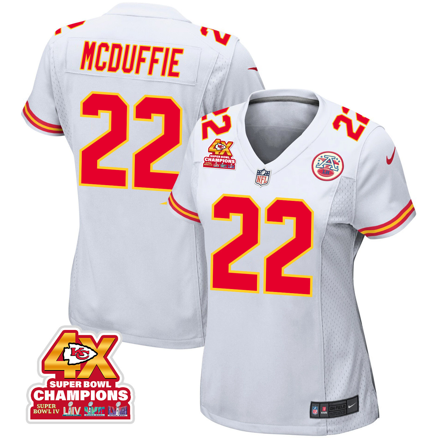 Trent McDuffie 22 Kansas City Chiefs Super Bowl LVIII Champions 4X Game Women Jersey - White JS7307 nicesnker