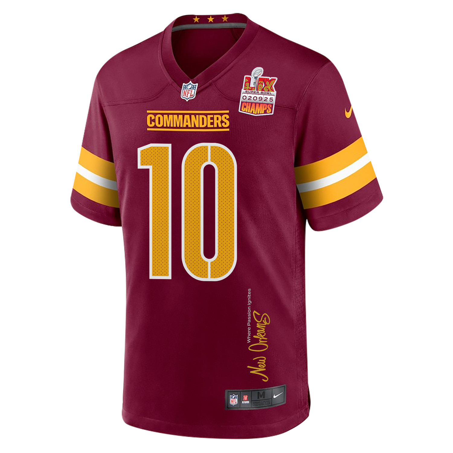Tress Way 10 Washington Commanders Super Bowl LIX Champions Patch 'New Orleans - Where Passion Ignites' EMBROIDERED Game Men Jersey - Burgundy JS1668 nicesnker - Image 3