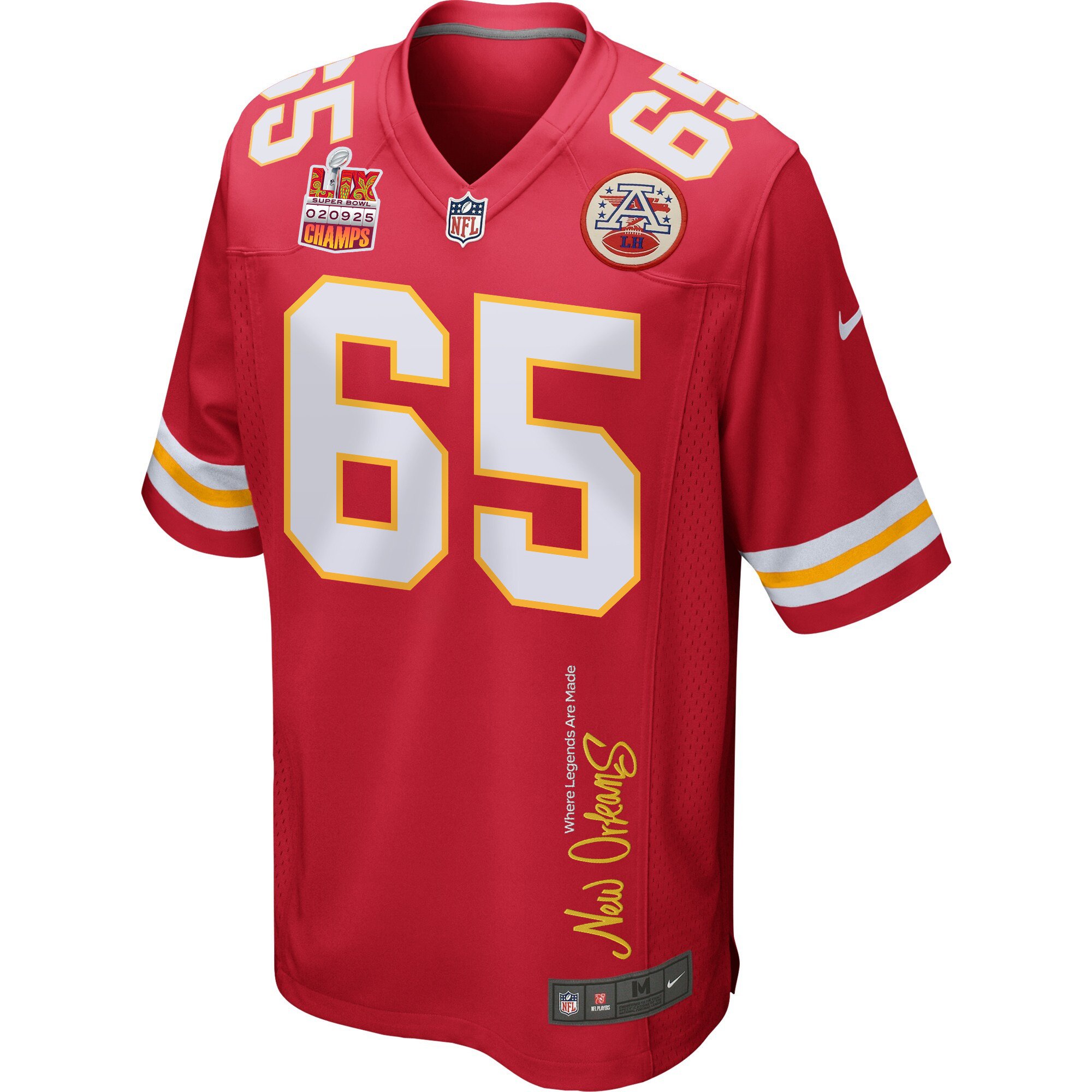 Trey Smith 65 Kansas City Chiefs Super Bowl LIX Champions Patch 'New Orleans - Where Legends Are Made' EMBROIDERED Game Men Jersey - Red JS5813 nicesnker - Image 3