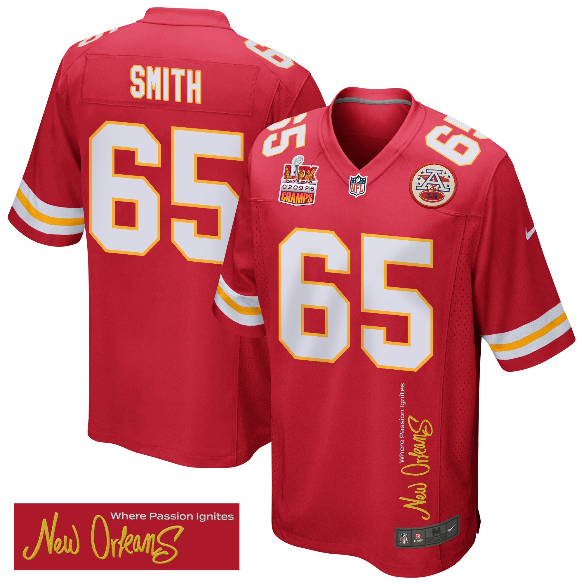 Trey Smith 65 Kansas City Chiefs Super Bowl LIX Champions Patch 'New Orleans - Where Passion Ignites' EMBROIDERED Game Men Jersey - Red JS8112 nicesnker