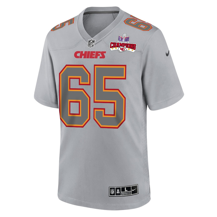 Trey Smith 65 Kansas City Chiefs Super Bowl LVIII Champions 4 Stars Patch Atmosphere Fashion Game Men Jersey - Gray JS8277 nicesnker - Image 2