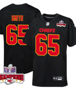 Trey Smith 65 Kansas City Chiefs Super Bowl LVIII Champions 4 Stars Patch Fashion Game YOUTH Jersey - Carbon Black JS6483 nicesnker