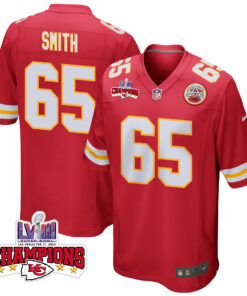 Trey Smith 65 Kansas City Chiefs Super Bowl LVIII Champions 4 Stars Patch Game Men Jersey - Red JS2015 nicesnker
