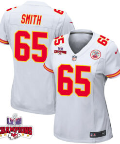 Trey Smith 65 Kansas City Chiefs Super Bowl LVIII Champions 4 Stars Patch Game Women Jersey - White JS8230 nicesnker