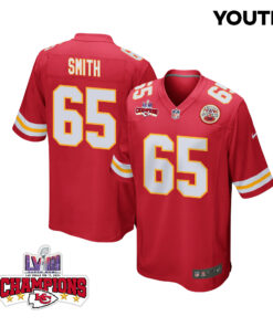 Trey Smith 65 Kansas City Chiefs Super Bowl LVIII Champions 4 Stars Patch Game YOUTH Jersey - Red JS6621 nicesnker