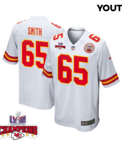 Trey Smith 65 Kansas City Chiefs Super Bowl LVIII Champions 4 Stars Patch Game YOUTH Jersey - White JS4683 nicesnker