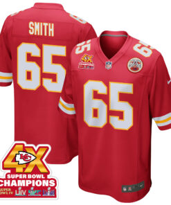 Trey Smith 65 Kansas City Chiefs Super Bowl LVIII Champions 4X Game Men Jersey - Red JS6140 nicesnker