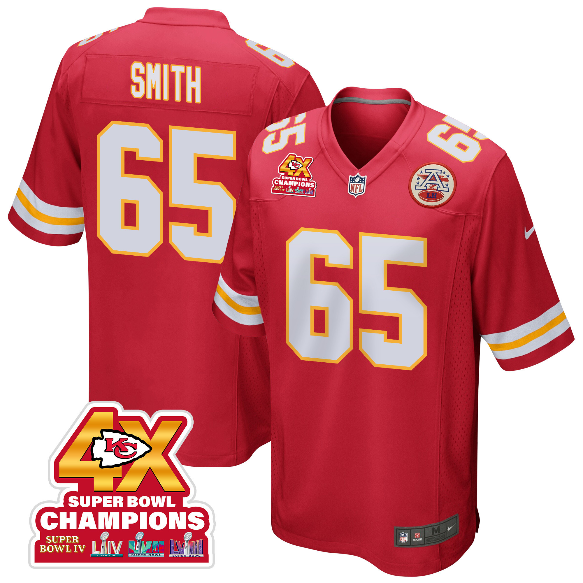 Trey Smith 65 Kansas City Chiefs Super Bowl LVIII Champions 4X Game Men Jersey - Red JS6140 nicesnker