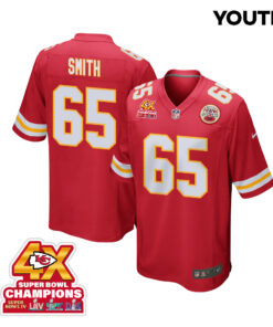 Trey Smith 65 Kansas City Chiefs Super Bowl LVIII Champions 4X Game YOUTH Jersey - Red JS4756 nicesnker