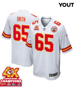 Trey Smith 65 Kansas City Chiefs Super Bowl LVIII Champions 4X Game YOUTH Jersey - White JS4059 nicesnker