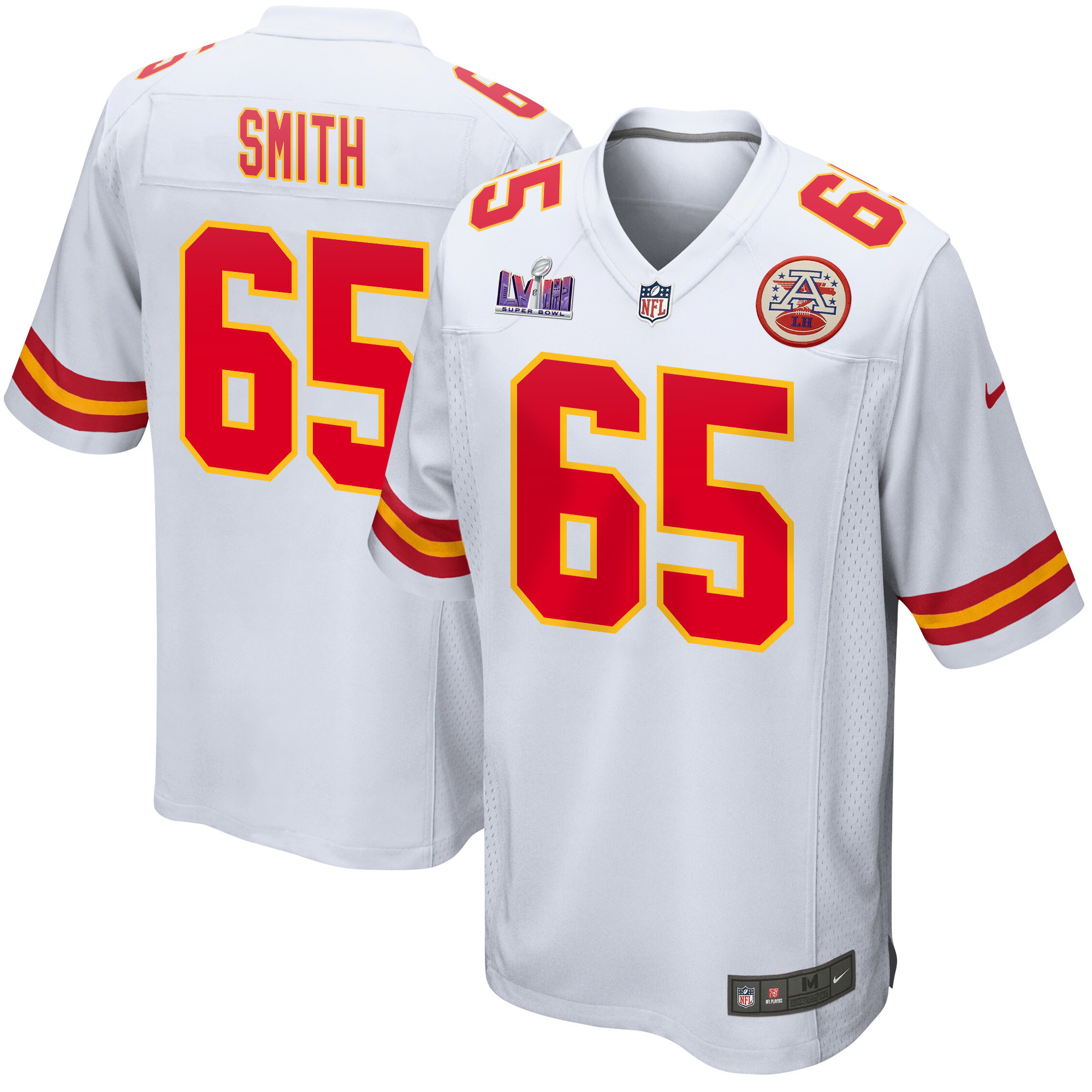 Trey Smith 65 Kansas City Chiefs Super Bowl LVIII Patch Game Men Jersey - White JS1550 nicesnker