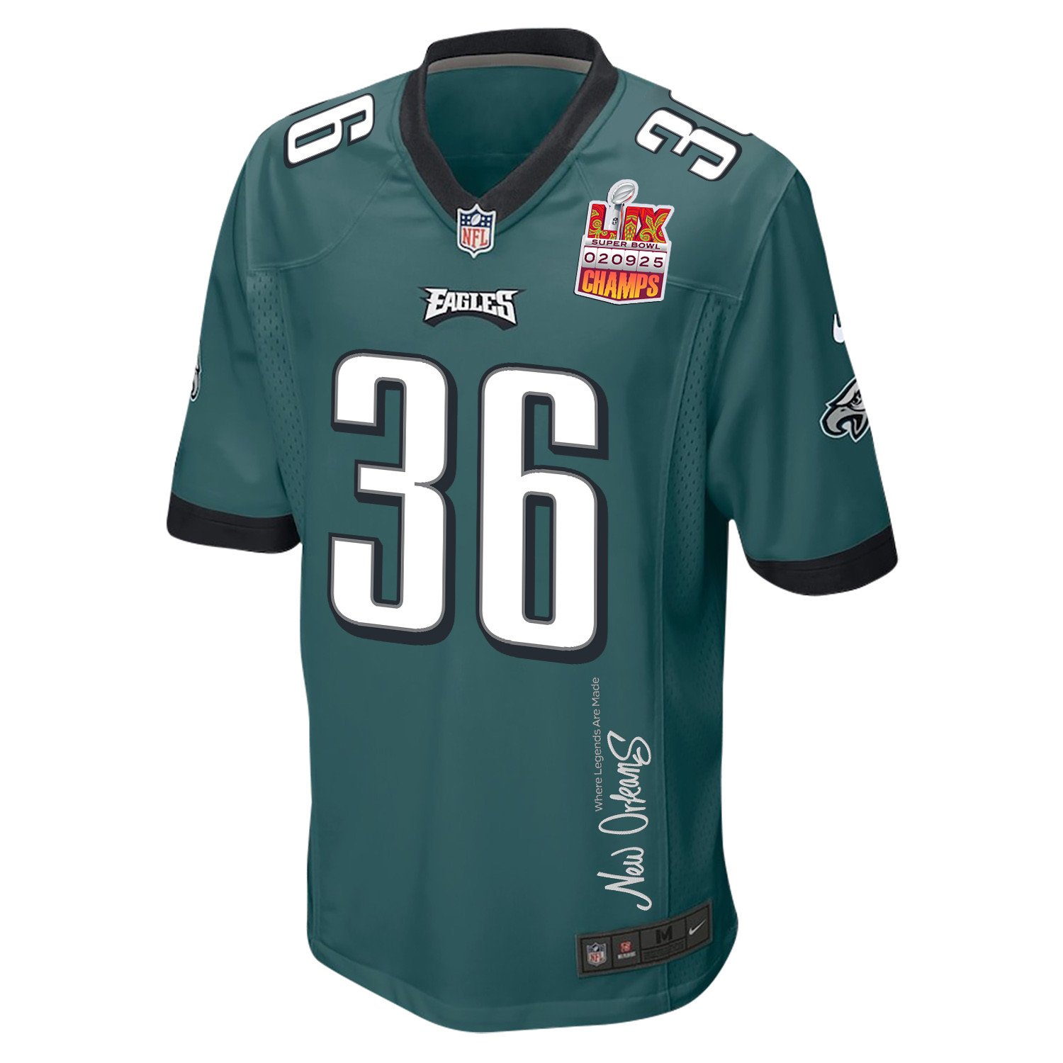Tristin McCollum 36 Philadelphia Eagles Super Bowl LIX Champions Patch 'New Orleans - Where Legends Are Made' EMBROIDERED Game Men Jersey - Midnight Green JS6018 nicesnker - Image 3